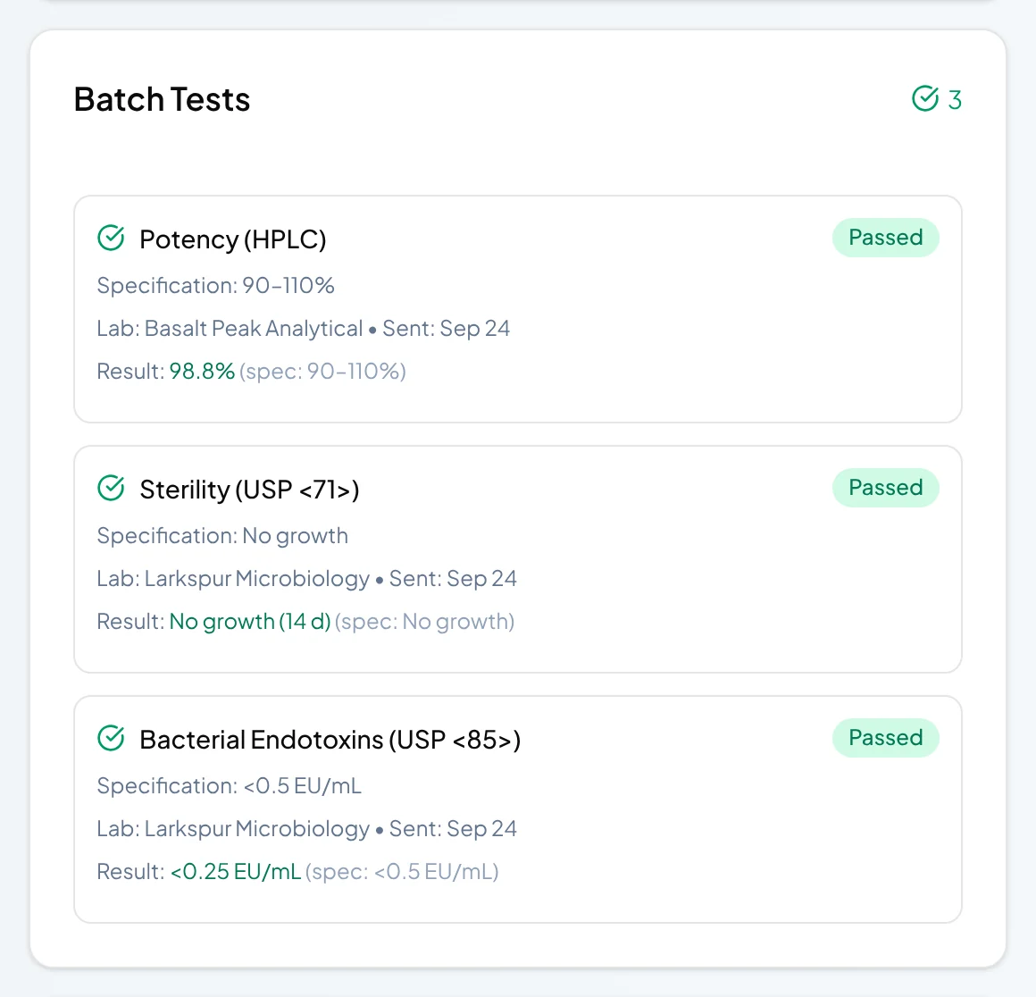 Batch potency, sterility, and endotoxin tests, all passed