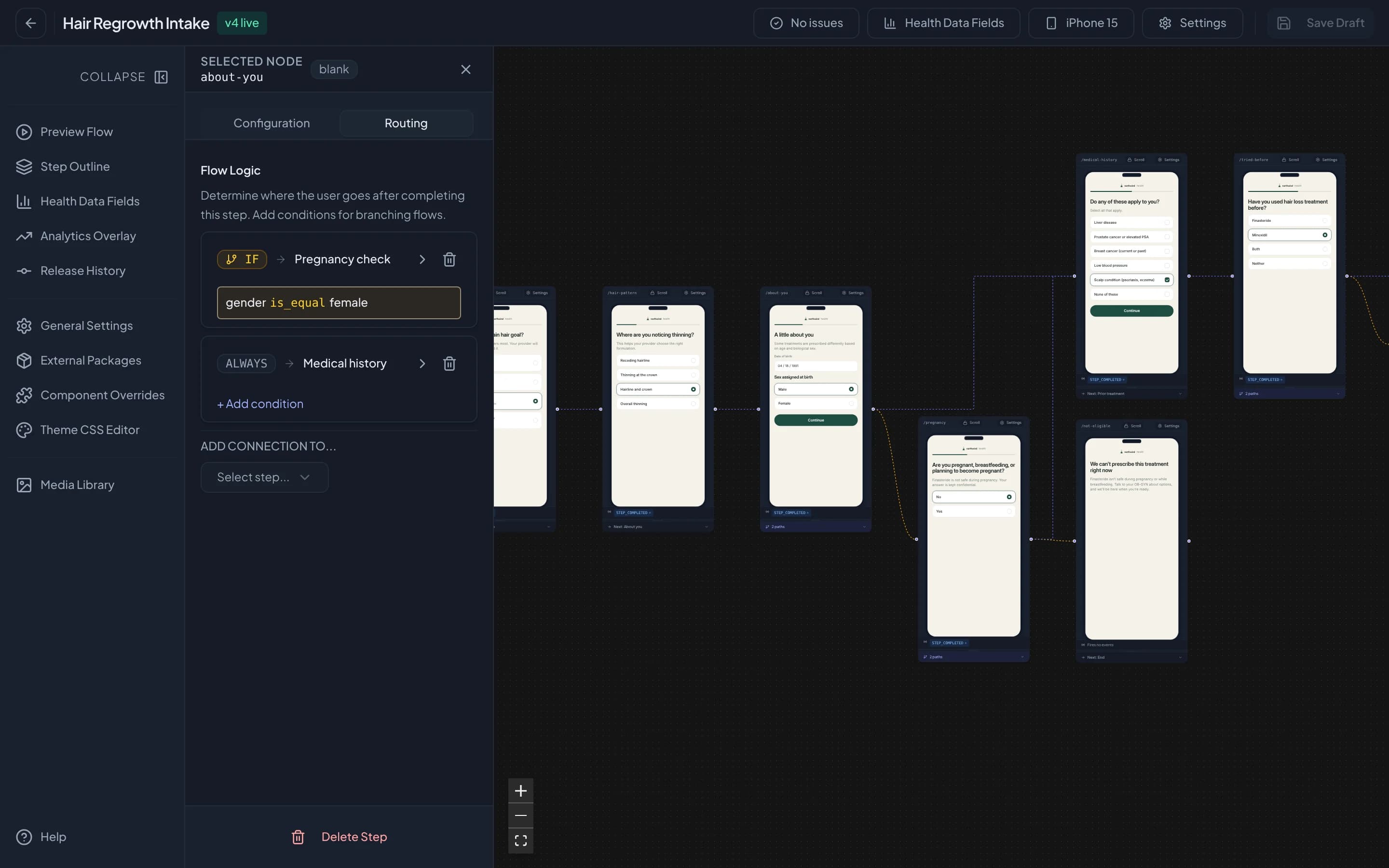 Intake Builder branching rules on the flow canvas