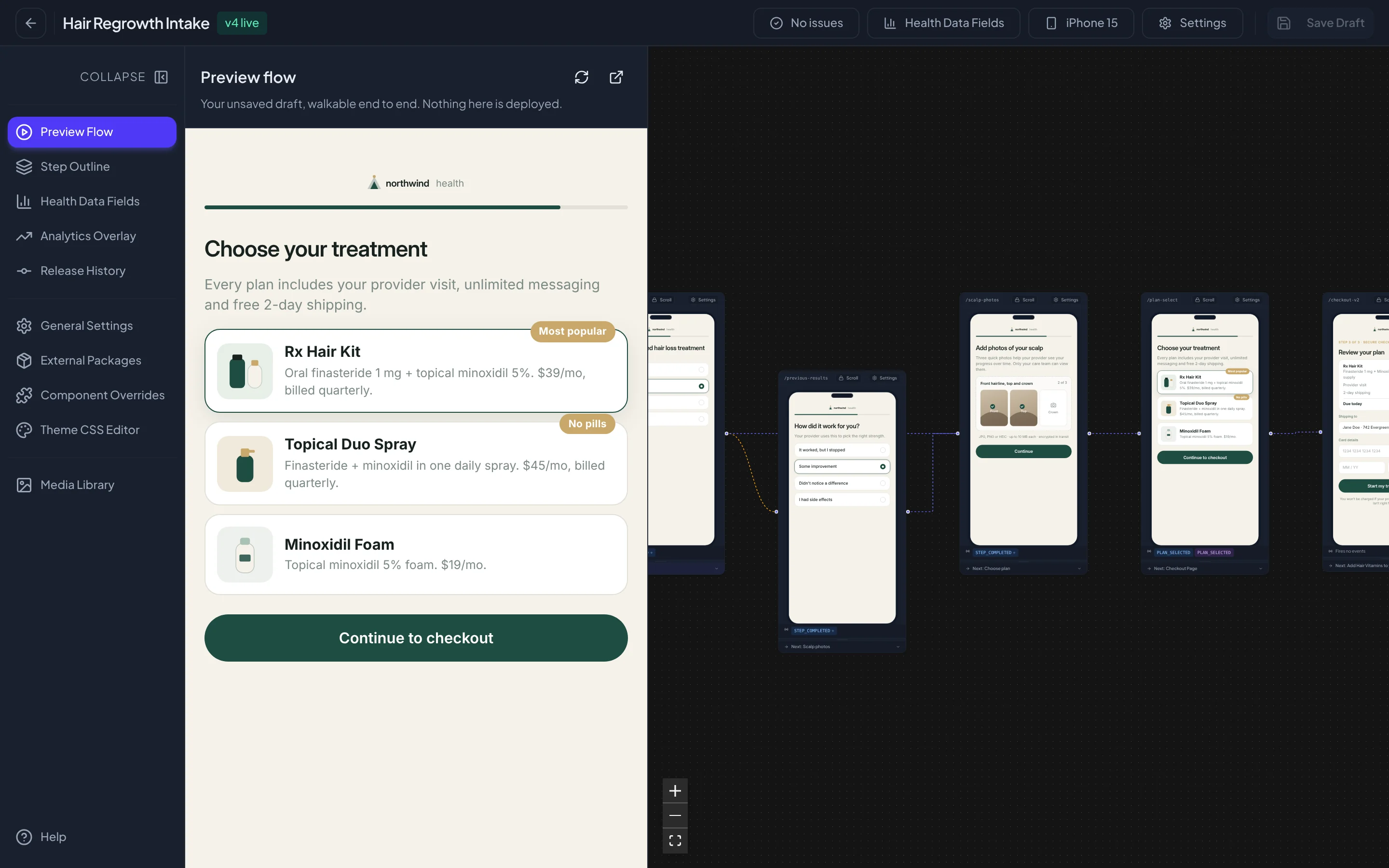 Walking through an intake flow preview to the treatment selection step