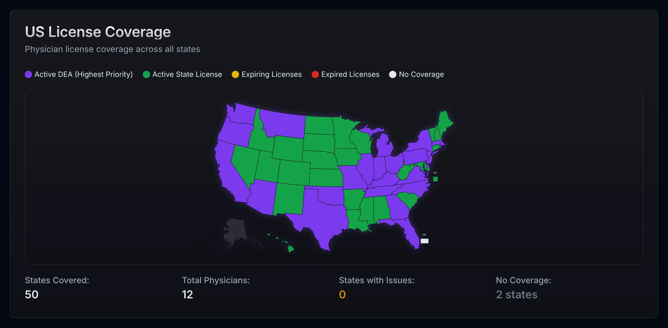 Physician license coverage map across US states