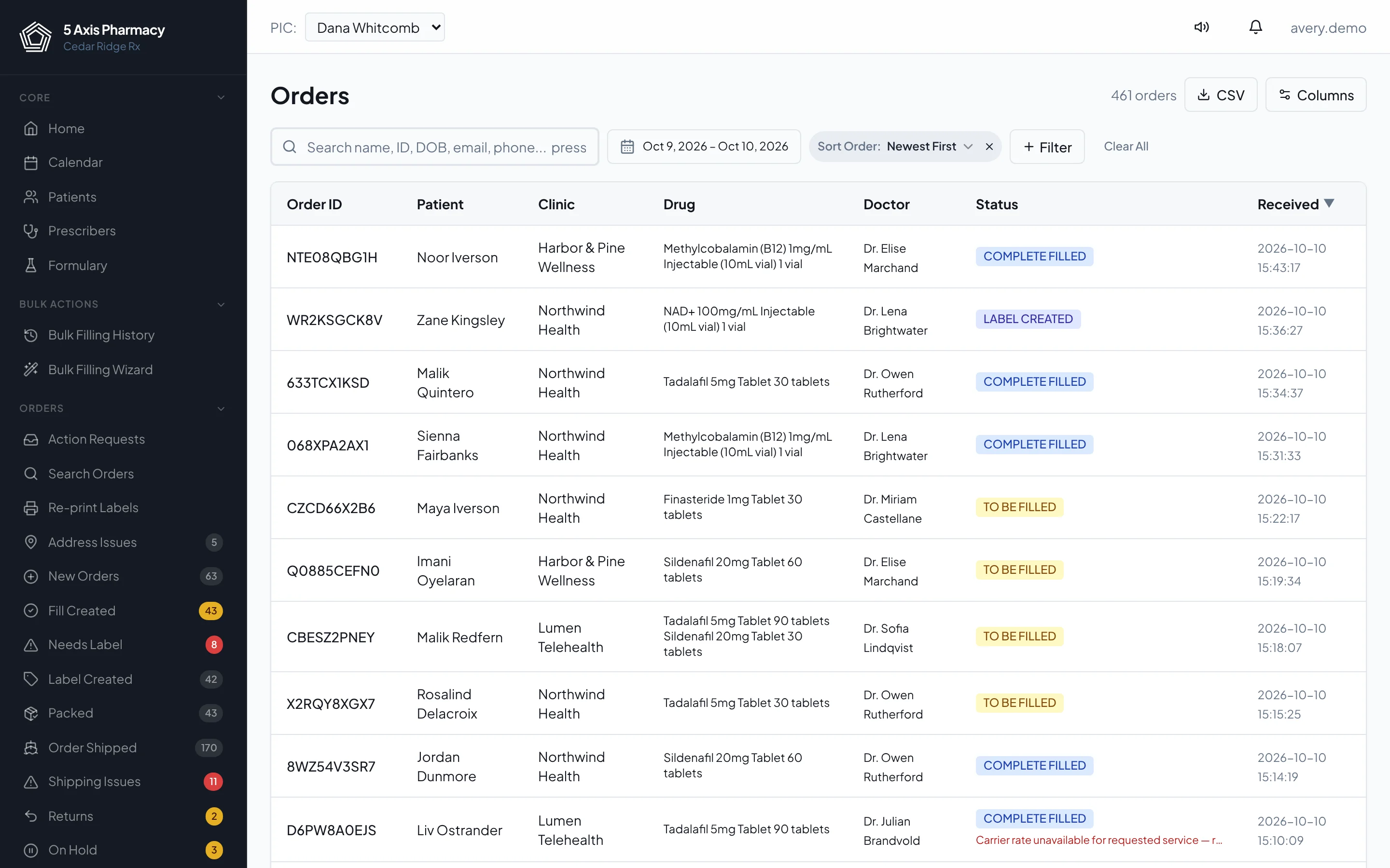 Pharmacy Terminal order queue with live status counts