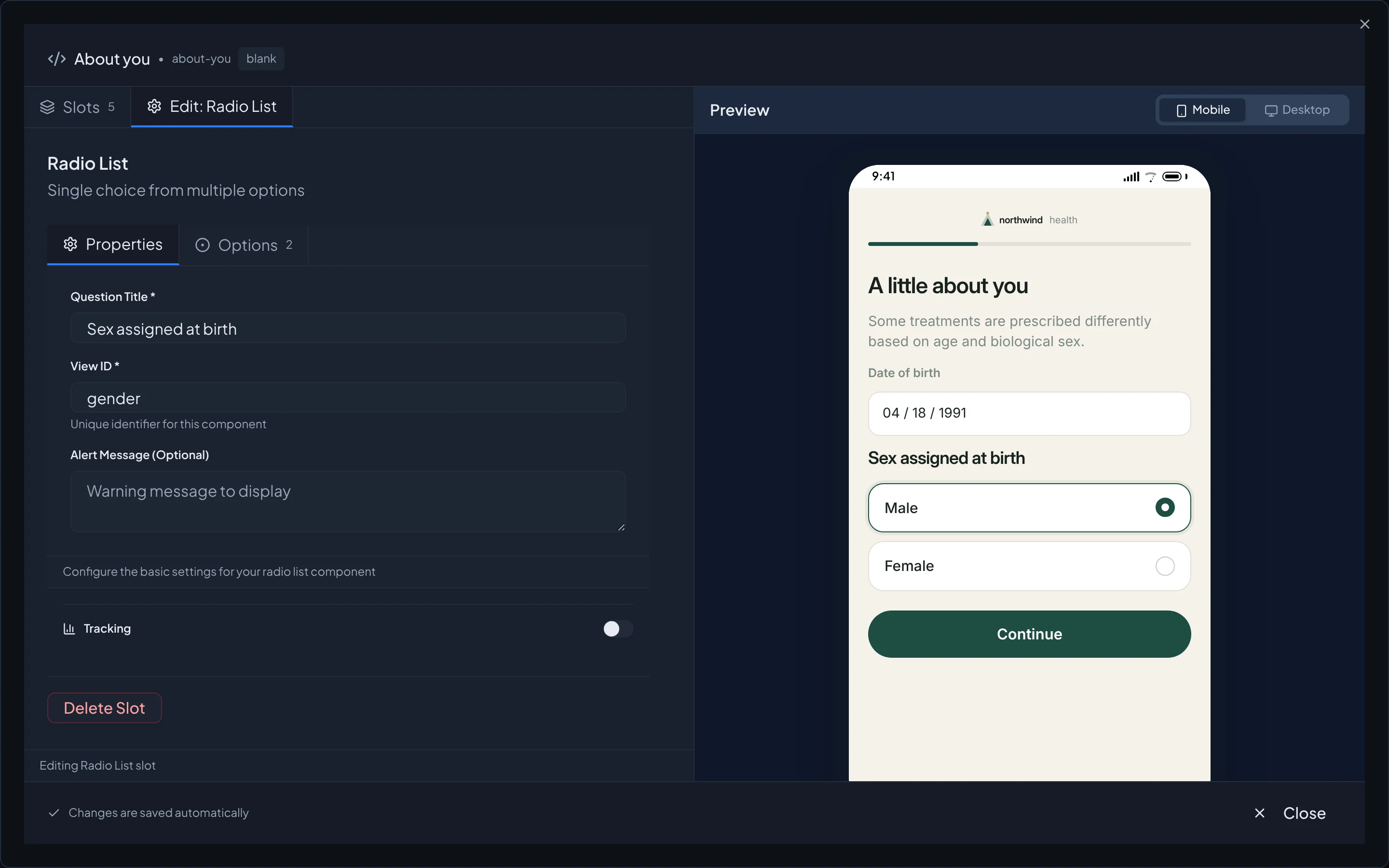 Intake Builder step editor with a live branded phone preview