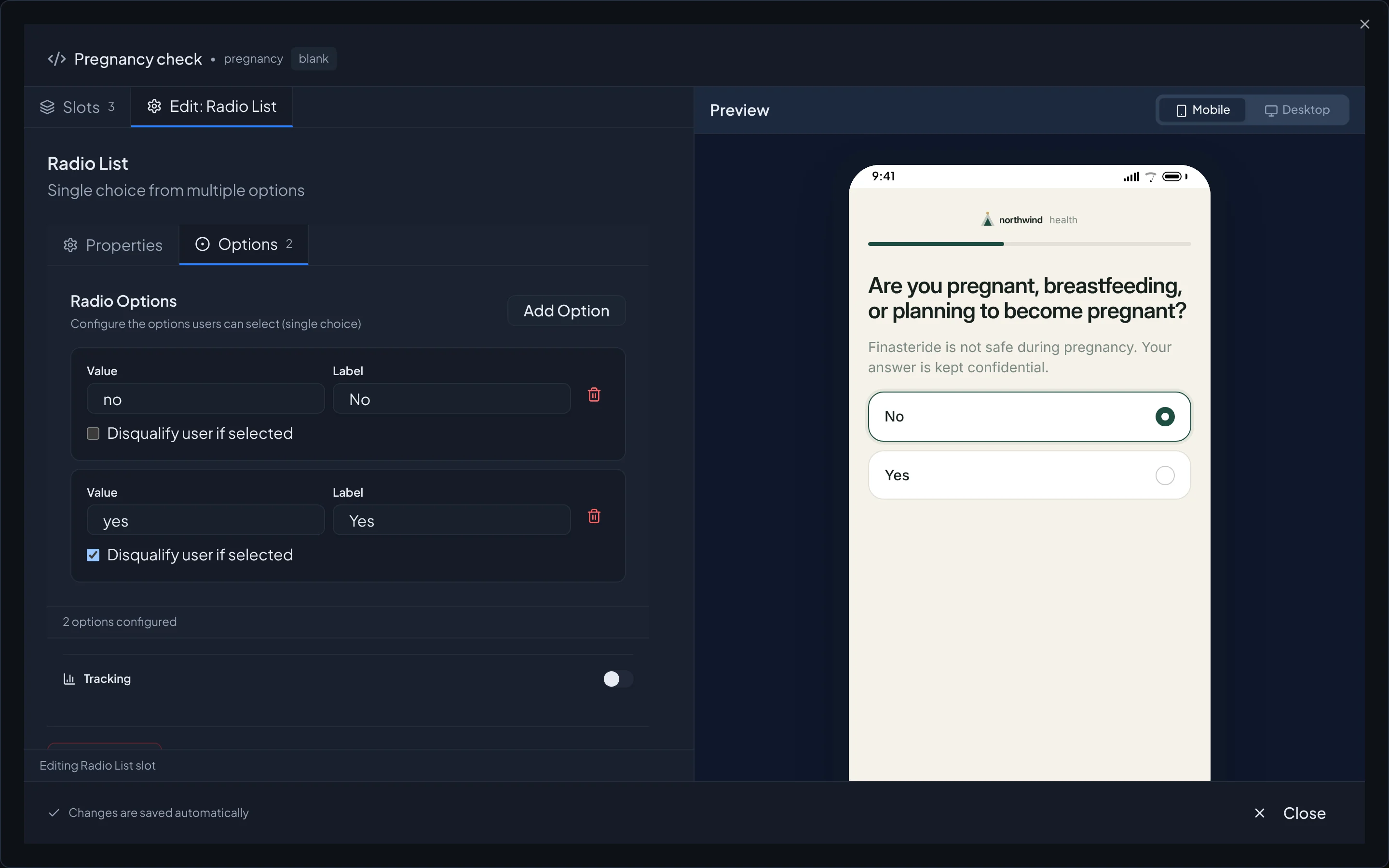 Answer options with a disqualifying answer and live preview