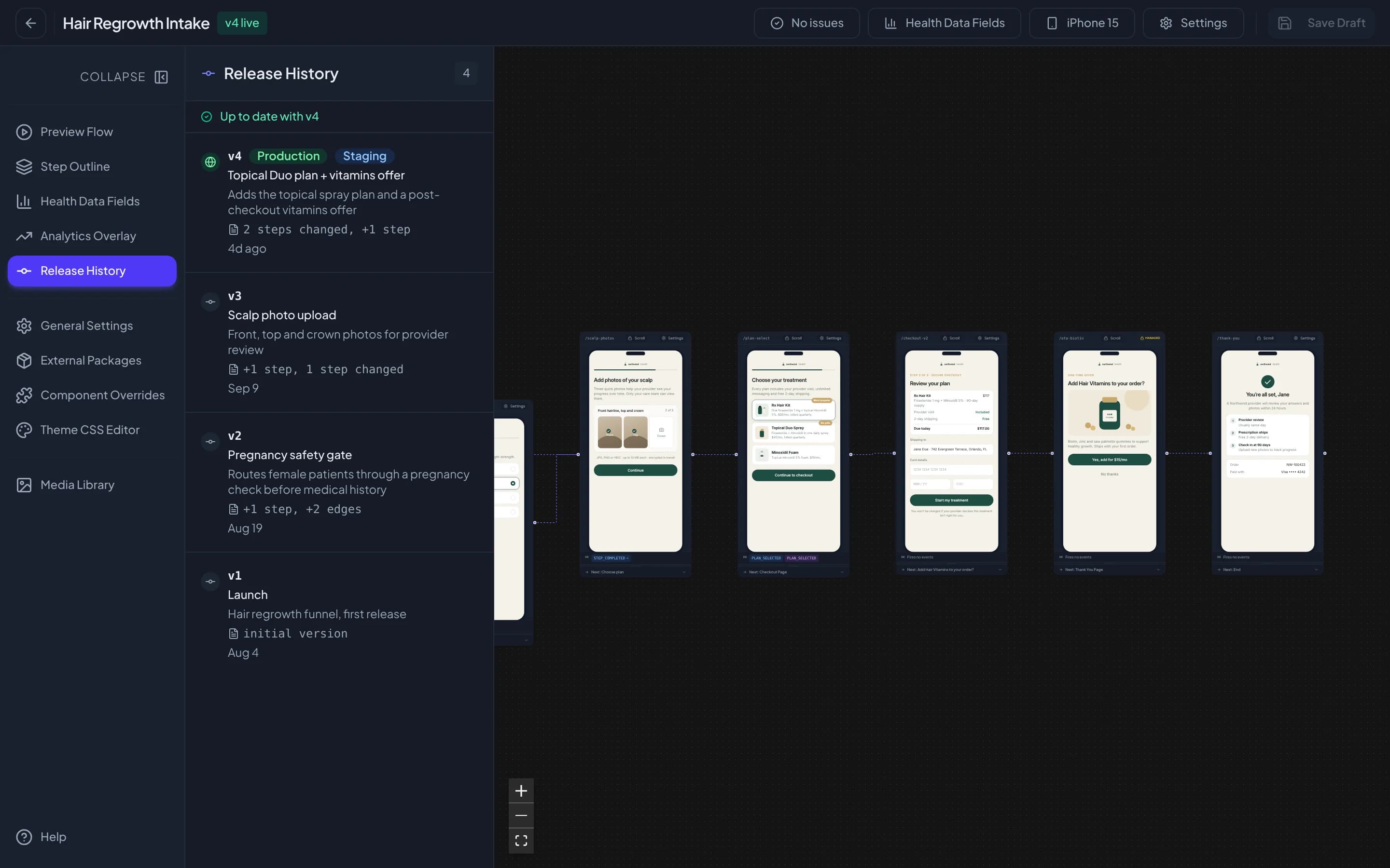 Intake release history with production and staging versions