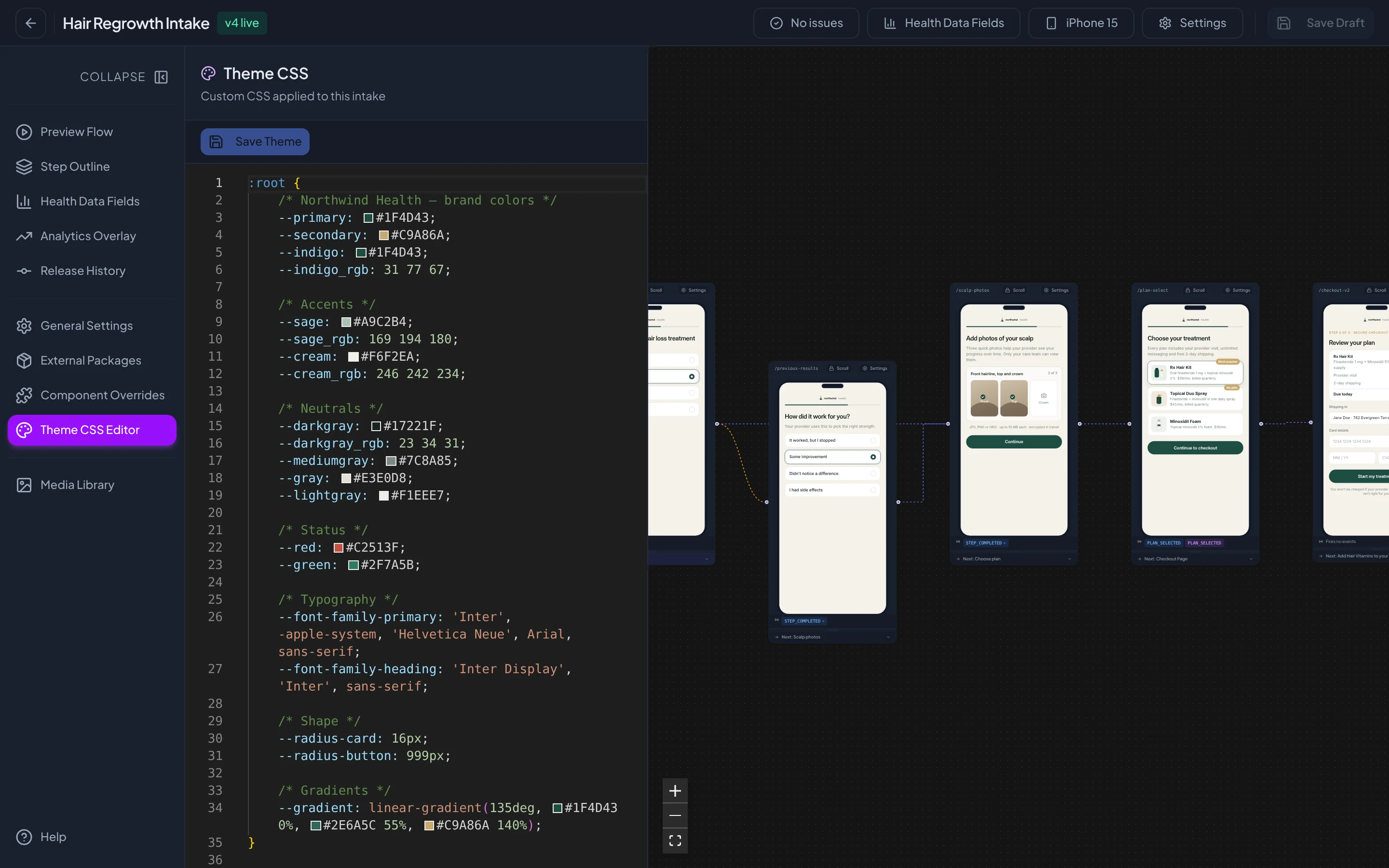 Brand theme tokens in the Intake Builder CSS editor
