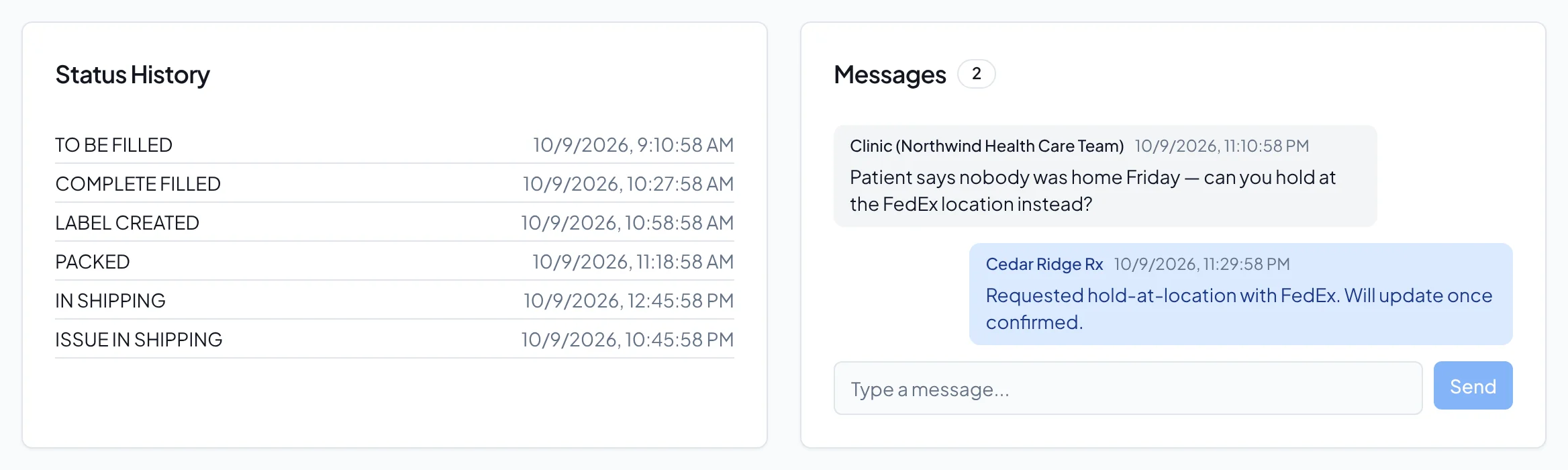 Order status history beside a clinic and pharmacy message thread